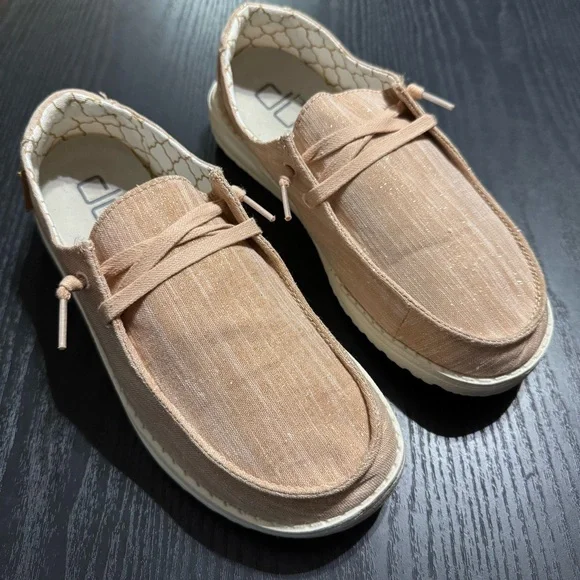 Tan Suede Loafers with Moccasin Stitching- WOMEN’s Hey Dude’s Wholesale Womens Cozy Slip On Shoes Lightweight Plush  main image 2